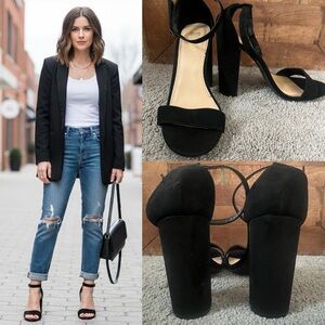 BRASH Black Velvet Suede Ankle Strap 4” Block Heel Sandals Classic 7W Baddie!